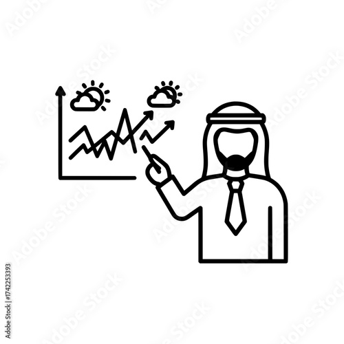 Arab businessman presenting financial data with graph and weather icons.