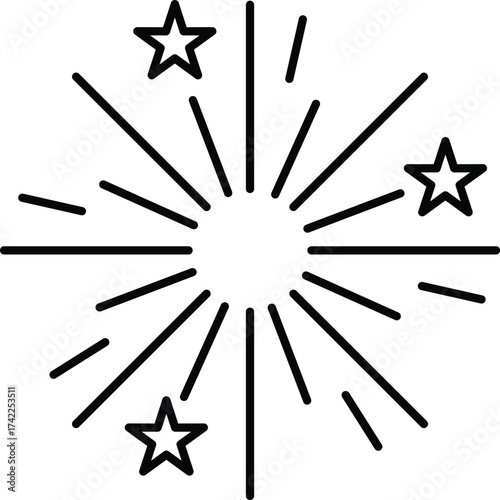 Simple black line art illustration of a starburst explosion with small stars at the tips of some rays