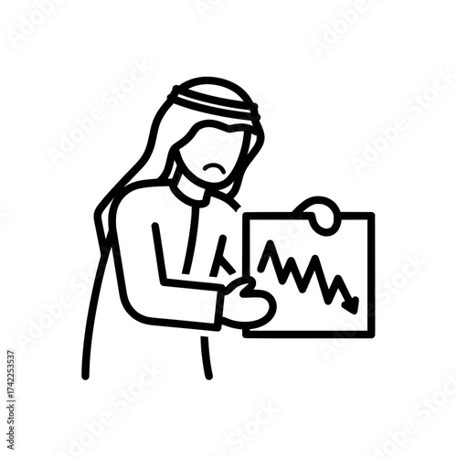 Arab man holding a chart showing a financial crisis and economic downturn.