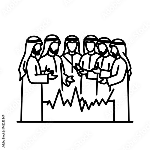 Group of Arab men discussing financial data at a meeting.