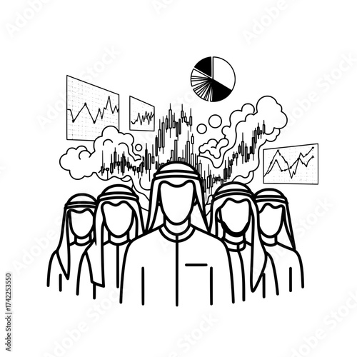 Arab businessmen analyzing financial data and market trends with charts and graphs.