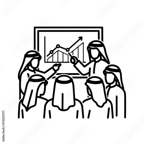 Business presentation with graph and people in traditional attire.