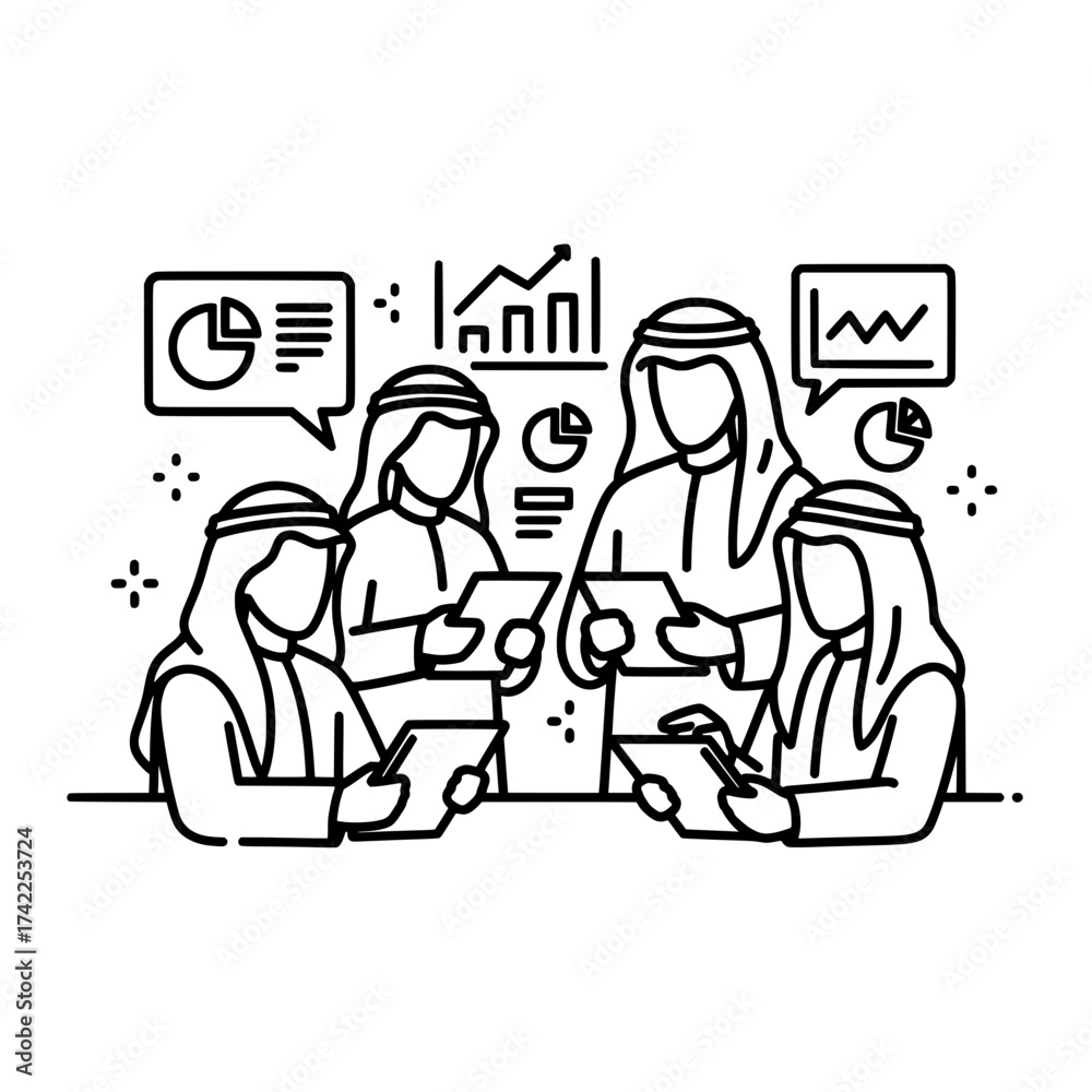Fototapeta premium Arab business people in traditional attire analyzing financial data.