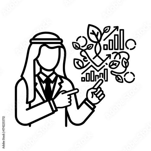 Arab businessman presenting financial growth with charts and graphs.