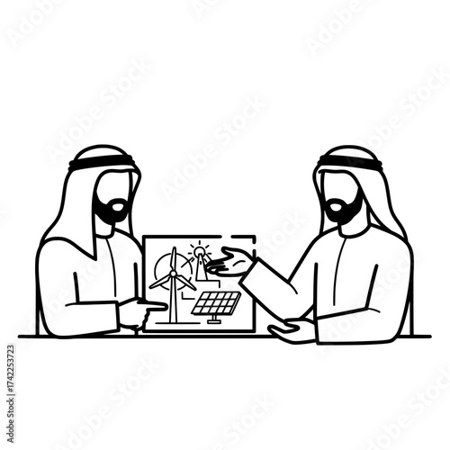 Two Arab men discussing renewable energy sources and sustainable development.