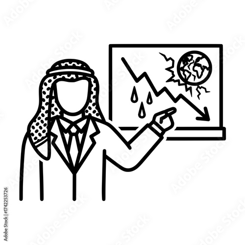 Arab businessman presenting a graph of environmental degradation and climate change.