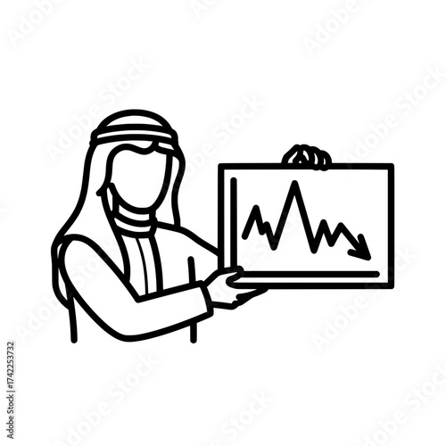 Arab businessman presenting a declining financial graph economic downturn concept.