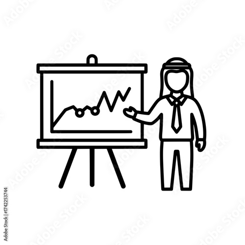 Arab businessman presenting a graph on a whiteboard during a business meeting.