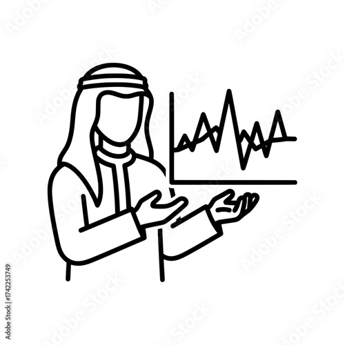 Arab man presenting financial data analysis graph with hand gestures.