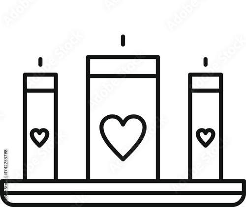 Simple line art illustration of three candles on a tray with heart symbols for romantic occasions