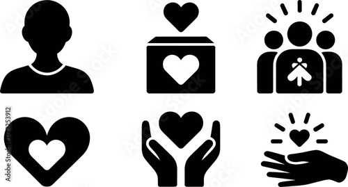 Icons symbolizing kindness, generosity, and community support with hearts and helping hands.