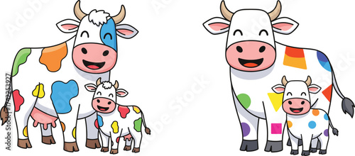 Colorful cartoon cows with abstract patterns, happy farm animals, mother and calf, fun children illustration design