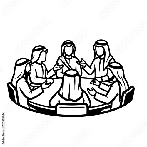 Group of Arab men in traditional attire having a discussion around a table.