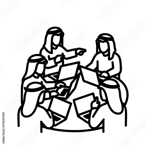 Group of Arab people working on laptops in a meeting.