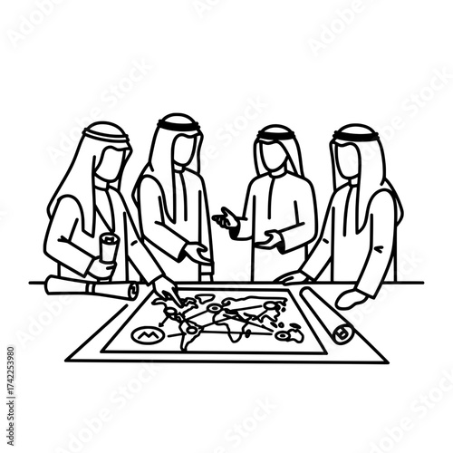 Arab businessmen planning strategy on a world map.