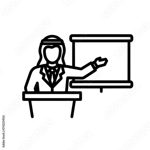 Arabian man giving a presentation with a whiteboard business concept.