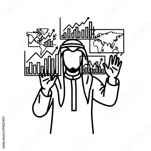 Arab businessman analyzing global financial data with interactive charts and graphs.