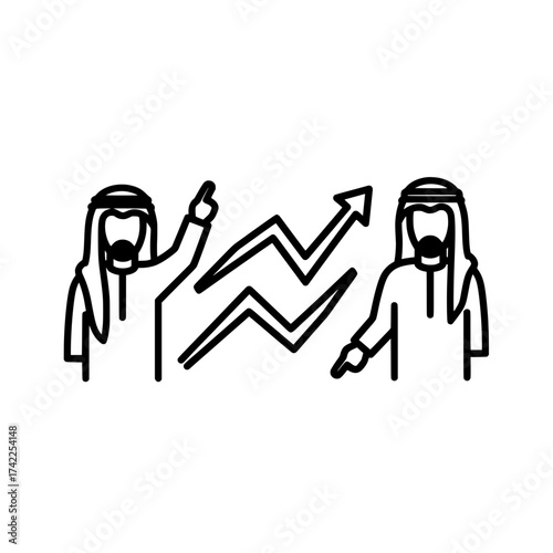 Two Arab men discussing business growth with an upward trend arrow.