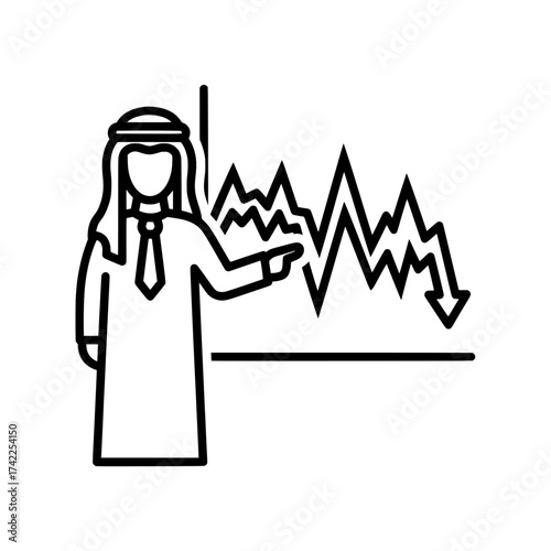 Arab businessman pointing at a graph showing financial decline and economic crisis.