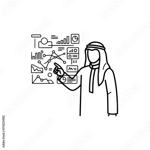 Arab businessman pointing at data analysis on a digital screen.