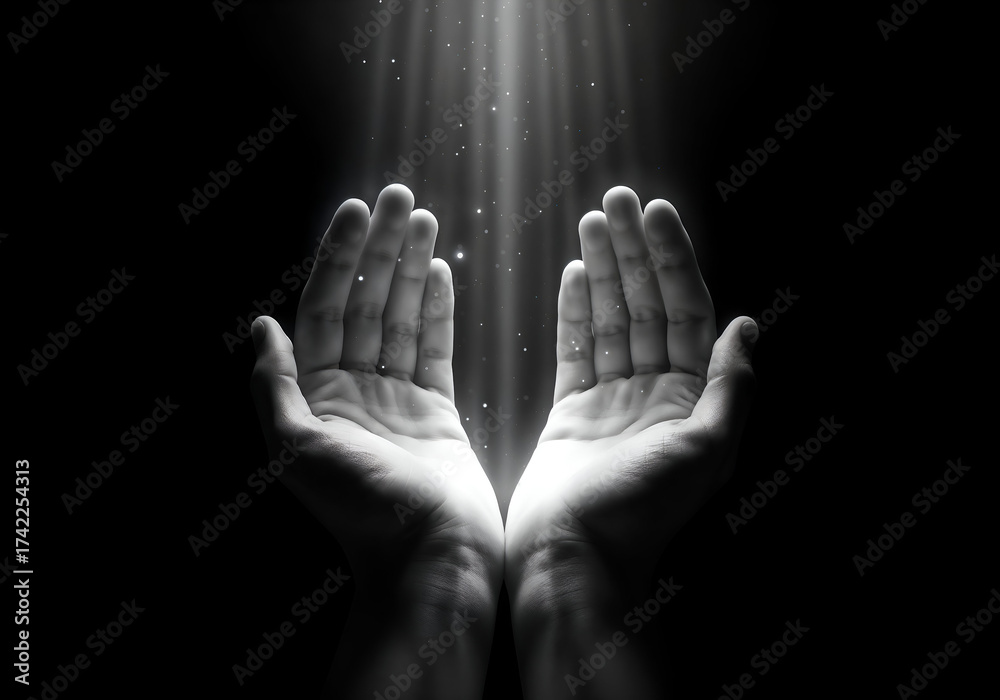 Fototapeta premium Hand prayer god faith holy worship on hope religion background of believe, church pray christian religious grace black white concept or love spiritual bible peace and spirit trust blessed light.