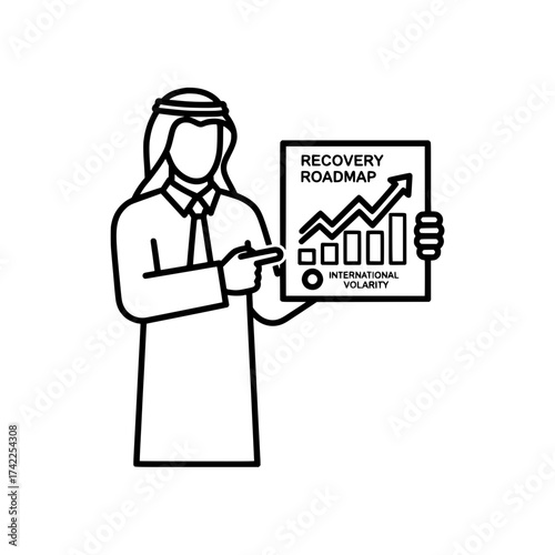 Arab man presenting recovery roadmap with international volatility chart.