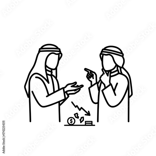Two Arab men discussing financial losses with a downward trend and dollar sign.