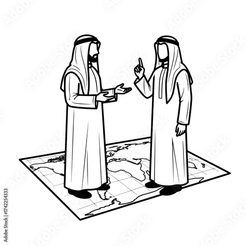 Two Arab men discussing a map of the world planning a journey or business venture.