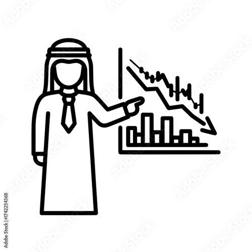 Arab businessman pointing at a declining graph representing financial loss.