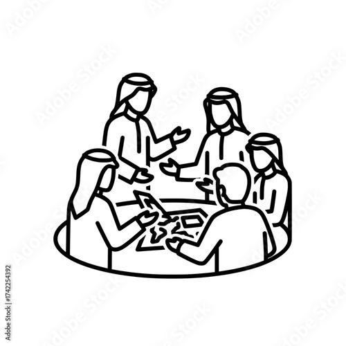 Group of Arab people in traditional clothes having a meeting.