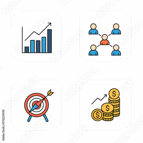 A collection of colorful flat line icons representing key business concepts like financial growth, team collaboration, data analytics, and strategic targeting