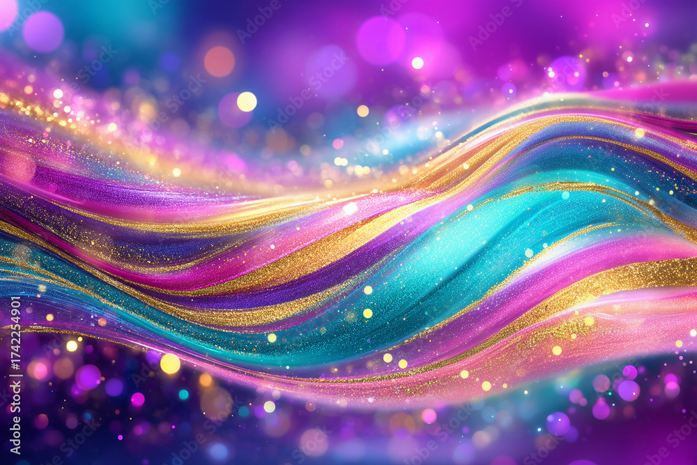 Obraz premium Glitter Gold Pink Blue Wave Stripes Banner Design. Shiny moving lines design element with bokeh effect background