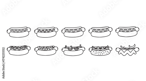 Hand drawn collection of delicious hot dogs with various toppings and condiments vector