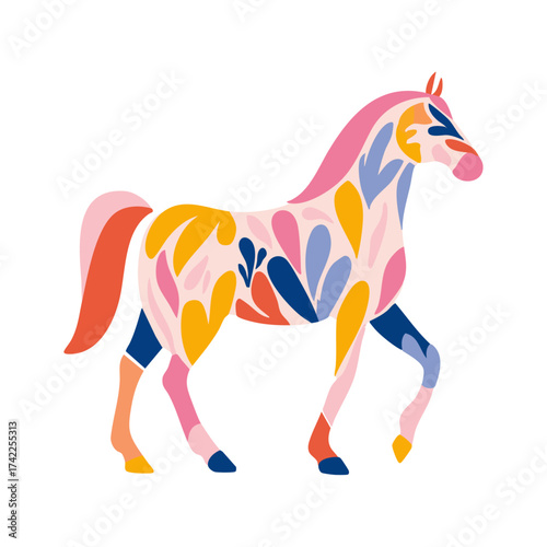 馬のベクターイラスト、カラフル、ボタニカル