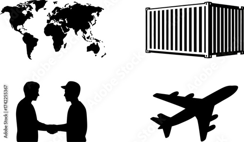 Global logistics and international trade partnership represented by world map, shipping container, handshake, and airplane.