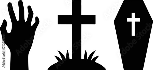 Spooky graveyard scene with zombie hand, cross, and coffin silhouettes