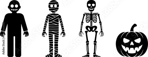 Spooky Halloween characters including a zombie, mummy, skeleton, and jack-o'-lantern in silhouette