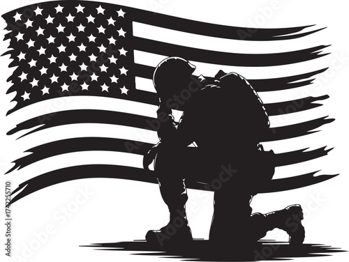 Soldier kneels in honor before tattered American flag