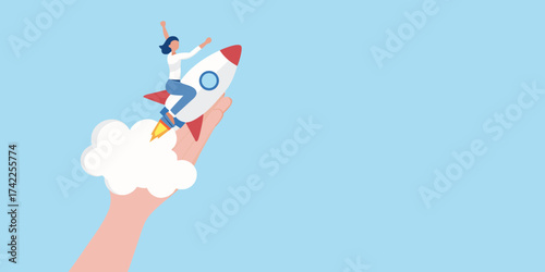 Woman riding a rocket launched from a hand symbolizing success and new beginnings