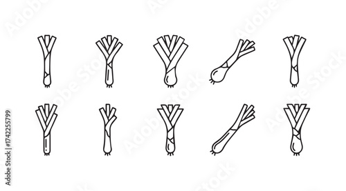 Collection of hand-drawn leeks various orientations isolated on simple sketch style vector