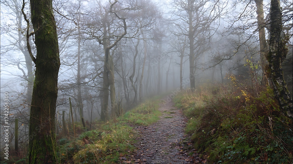 Obraz premium A path leads into a misty forest on a foggy day in the countryside