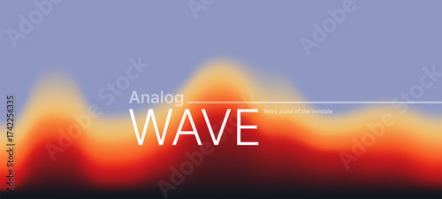 Gradient wave with analog wave text and retro pulse of the invisible. Abstract fluid color background design. Modern digital art for banner.