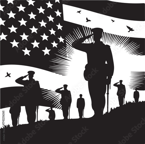 Patriotic soldiers salute American flag honor remembrance