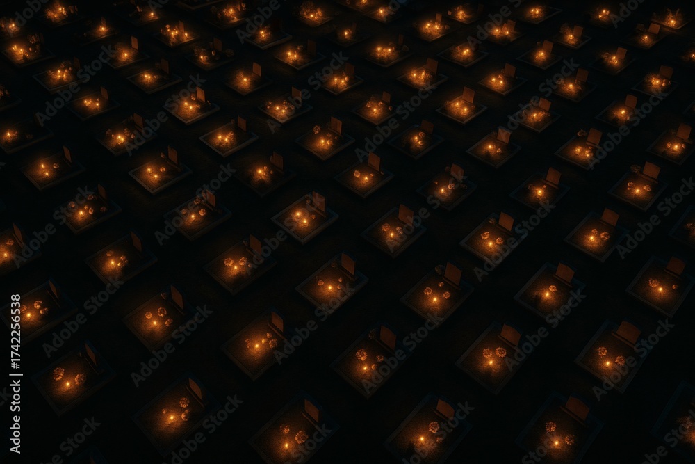 Obraz premium Cemetery at Night with Rows of Candle Lit Graves, Overhead Drone View Showing Symmetrical Arrangement and Warm Orange Yellow Candlelight in a Rural Landscape