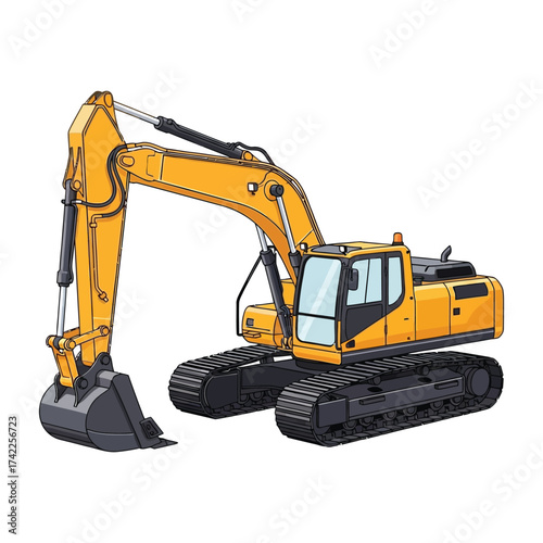 Cartoon Style Detailed Excavator Heavy Equipment Machinery Construction Industry Vehicle