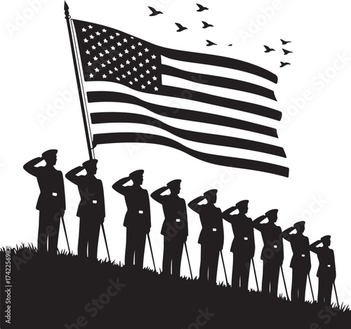 Saluting soldiers honor flag flying high with birds