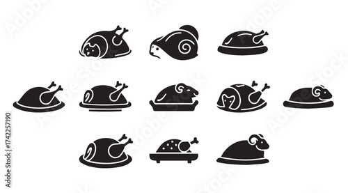 Collection of roasted poultry dishes including chickens and turkeys ready for serving vector