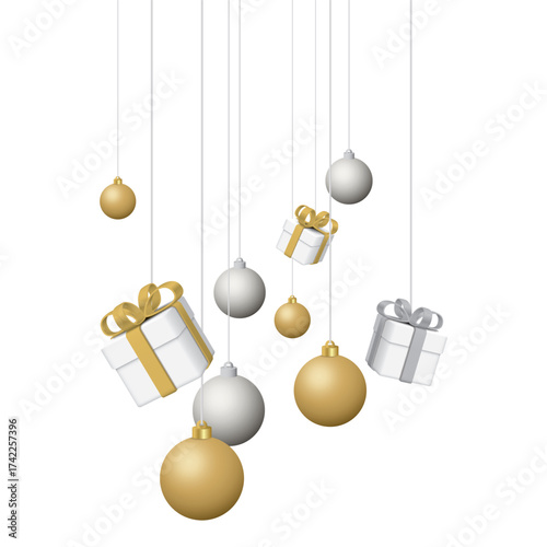 3D golden and silver Christmas balls and gift boxes hanging isolated on white background graphic illustration.