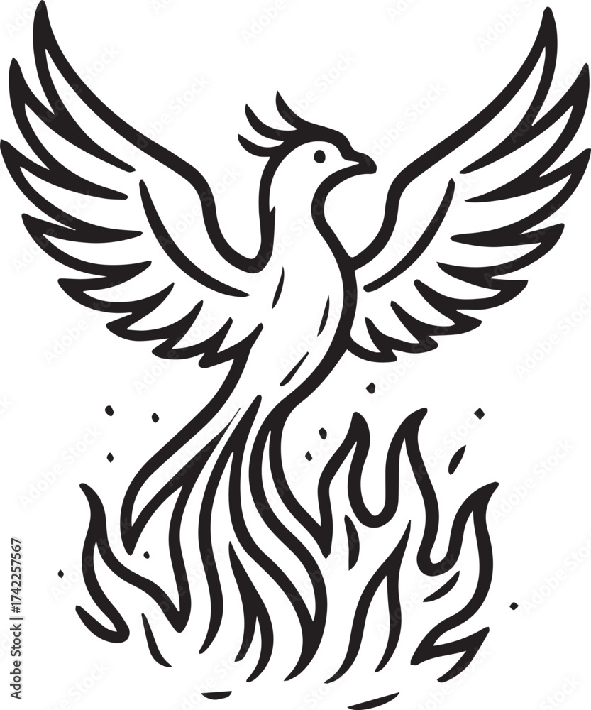 Fototapeta premium A majestic Phoenix in a monochromatic illustration, rising triumphantly from flames. Depicting themes of rebirth, transformation, and resilience.