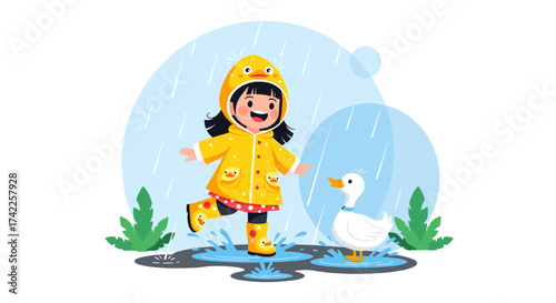 A happy child in a yellow raincoat and boots jumps in puddles with a duck.
